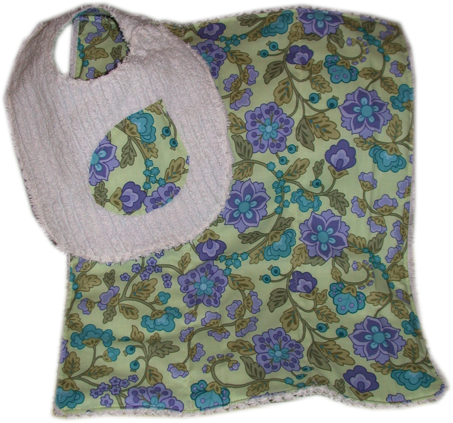 Set of Reversible Chenille Bib and Burp Cloth Green Violet TDBBS0016 15 00 Tiddle Diddle Handmade Shoppe every design is unique because unique is gift from tiddlediddle.com